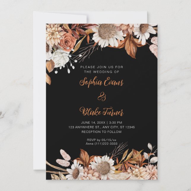 Convites Casamento Boho Cinza Flores Brancas Marrom Rústico (Frente)