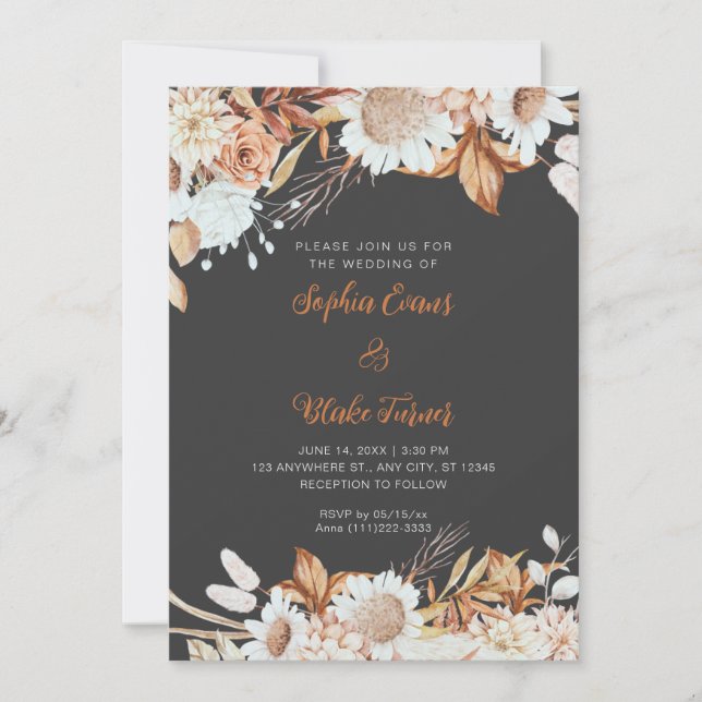 Convites Casamento Boho Cinza Flores Brancas Marrom Rústico (Frente)