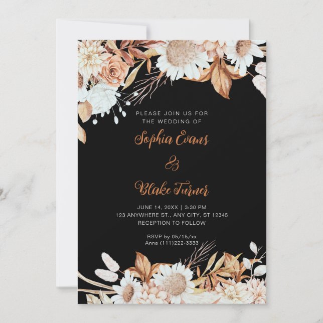 Convites Casamento Boho Cinza Flores Brancas Marrom Rústico (Frente)