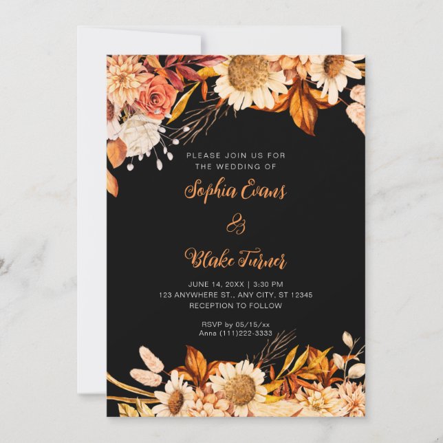 Convites Casamento Boho Cinza Flores Laranja Brancas Rústic (Frente)
