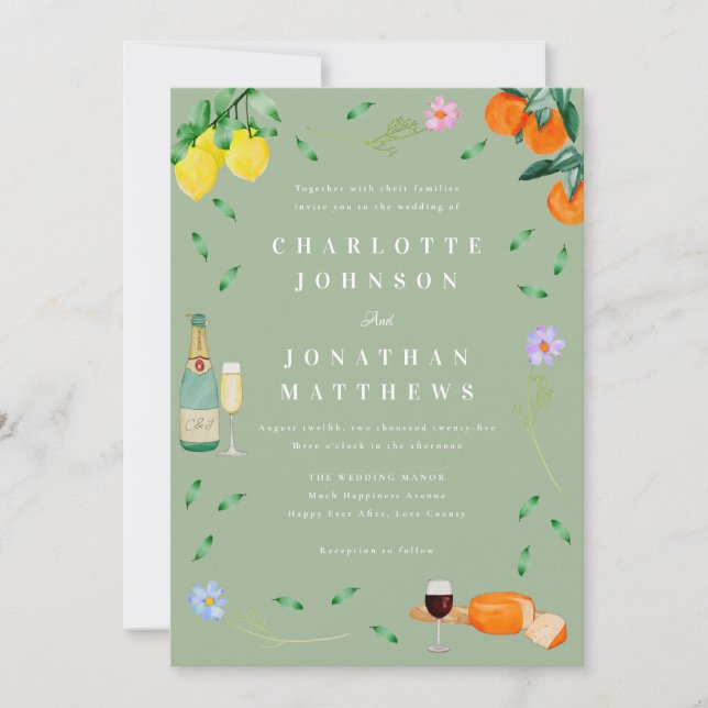 Convites Casamento Boho Citrus & Vinho em Verde Sage (Frente)