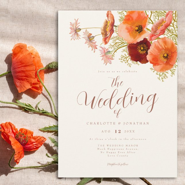 Convites Casamento Boho com Flores Silvestres (Boho wildflower wedding invitation with elegant script orange and brown watercolor florals)