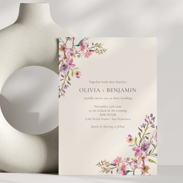 Convites Casamento Boho com Flores Silvestres Rosa Roxo Cap (Criador carregado)