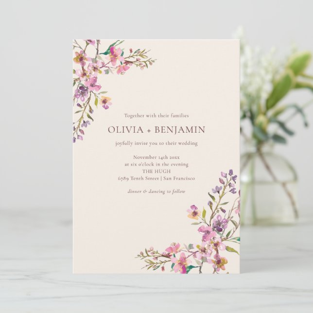 Convites Casamento Boho com Flores Silvestres Rosa Roxo Cap (Em pé/Frente)
