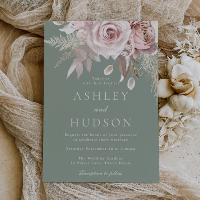 Convites Casamento Boho com Rosas Blush & Sage (Criador carregado)