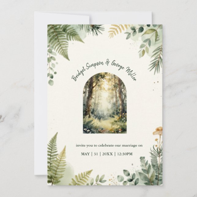 Convites Casamento Boho de Aquarela da Floresta Encantada V (Frente)