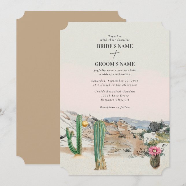 Convites Casamento Boho de Cacto no Deserto em Aquarela (Frente/Verso)