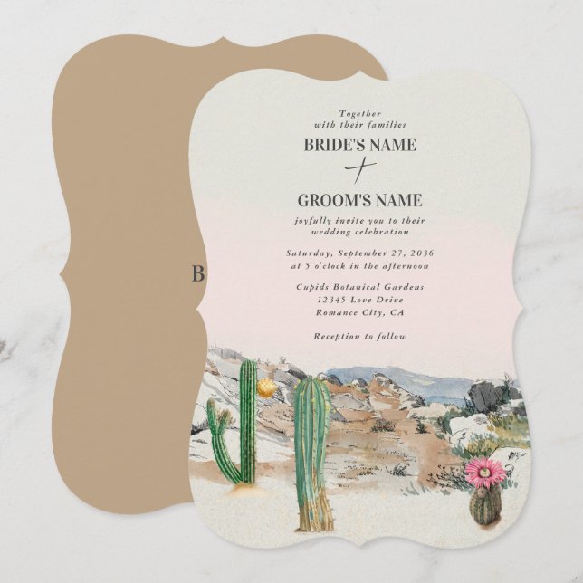 Convites Casamento Boho de Cacto no Deserto em Aquarela (Frente/Verso)