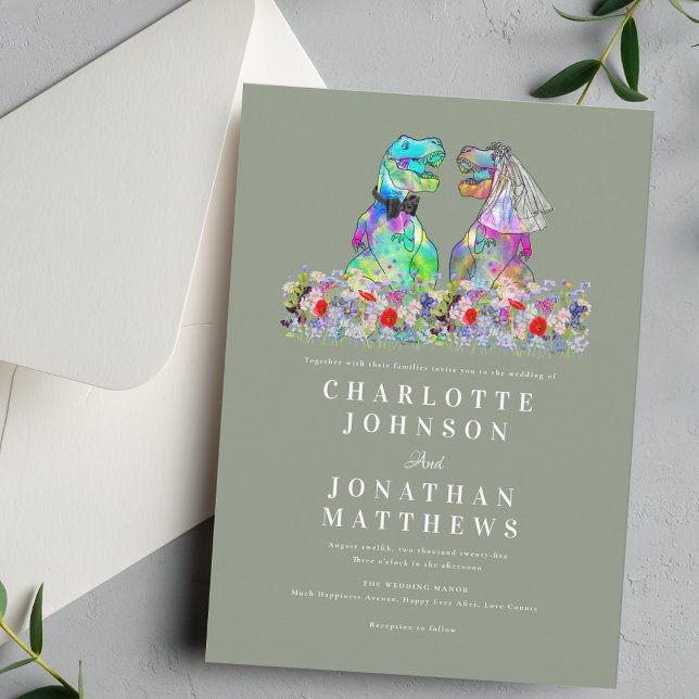 Convites Casamento Boho de Dinossauro com Flores Silvestres (Elegant Wildflower meadow boho rustic  Dinosaur sage green wedding invitation T-Rex bride & groom )