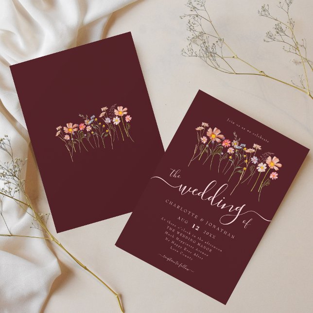 Convites Casamento Boho de Flores Silvestres em Borgonha e  (Elegant wildflower meadow watercolor floral burgundy blush pink wedding invitation)