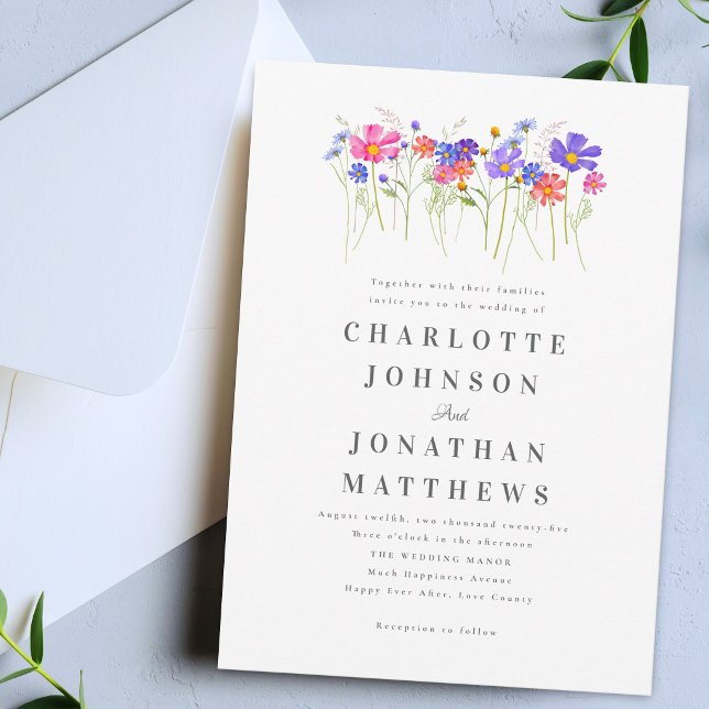Convites Casamento Boho de Flores Silvestres Vibrantes e Co (Elegant colorful vibrant wildflower floral wedding invitation)