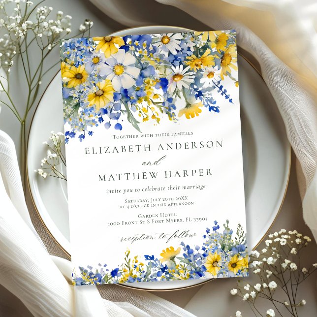 Convites Casamento Boho de Margaridas Selvagens Azuis e Ama (Criador carregado)