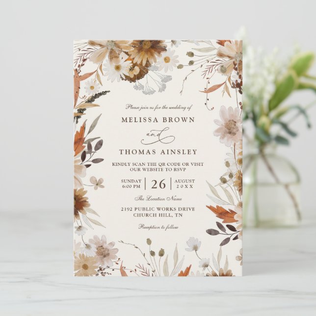 Convites Casamento Boho de Outono com Flor Silvestre Bege C (Em pé/Frente)