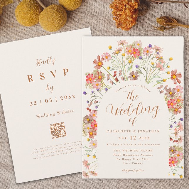 Convites Casamento Boho de Outono com Flores Silvestres (Boho fall Wildflower floral arch elegant script Wedding invitation terracotta burnt orange beige )