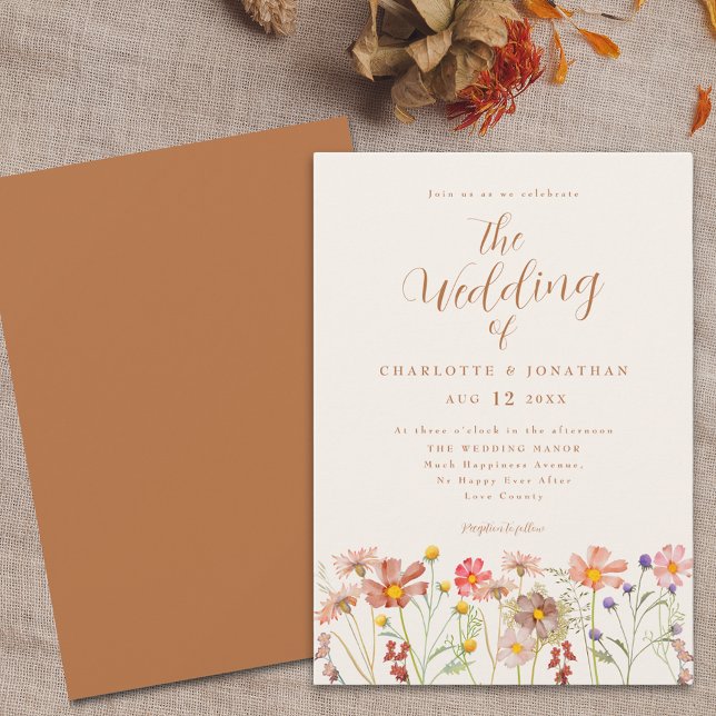 Convites Casamento Boho de Outono com Flores Silvestres (Boho Wildflower meadow burnt orange terracotta fall Wedding invitation with elegant modern script )