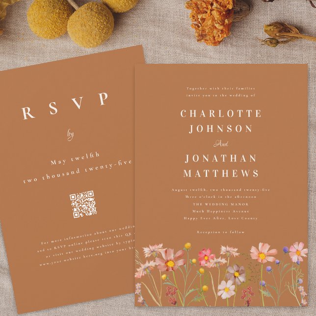 Convites Casamento Boho de Outono com Flores Silvestres (Boho fall Wildflower terracotta Wedding invitation with RSVP online website qr code)