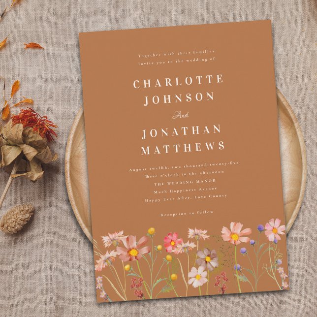 Convites Casamento Boho de Outono com Flores Silvestres (Boho fall Wildflower terracotta Wedding invitation rustic country garden elegant typography)