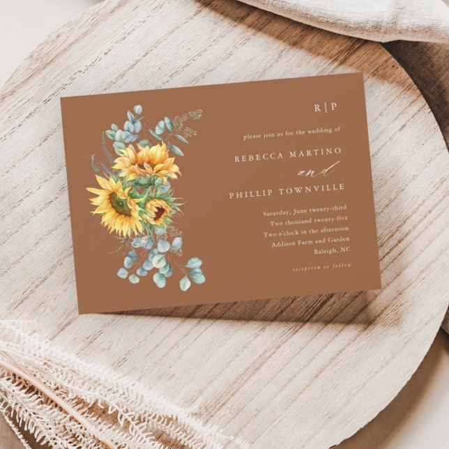 Convites Casamento Boho de Outono com Girassóis e Eucalipto (Criador carregado)