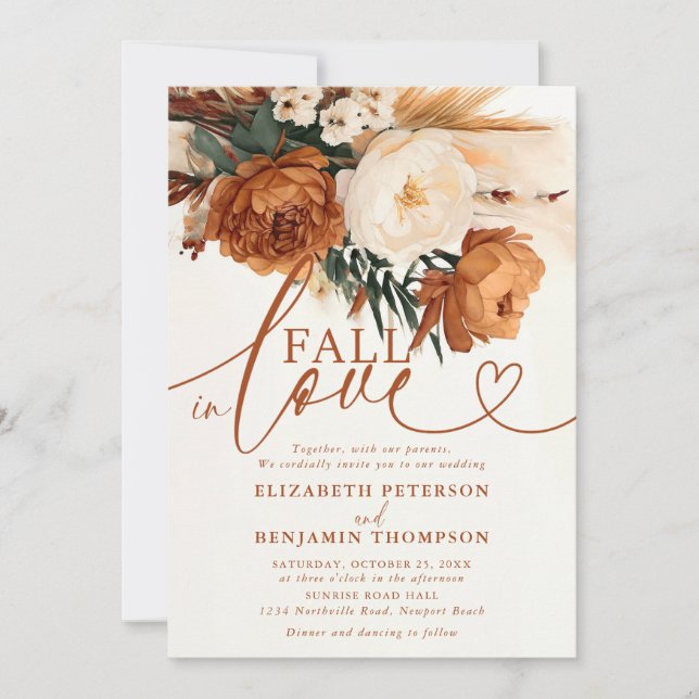Convites Casamento Boho de Outono em Tons de Laranja Queima (Frente)