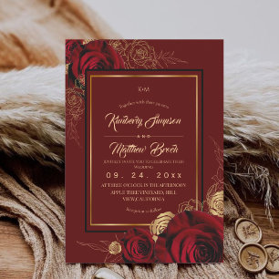 Convites Casamento Boho de Rosas Burgundy Reais