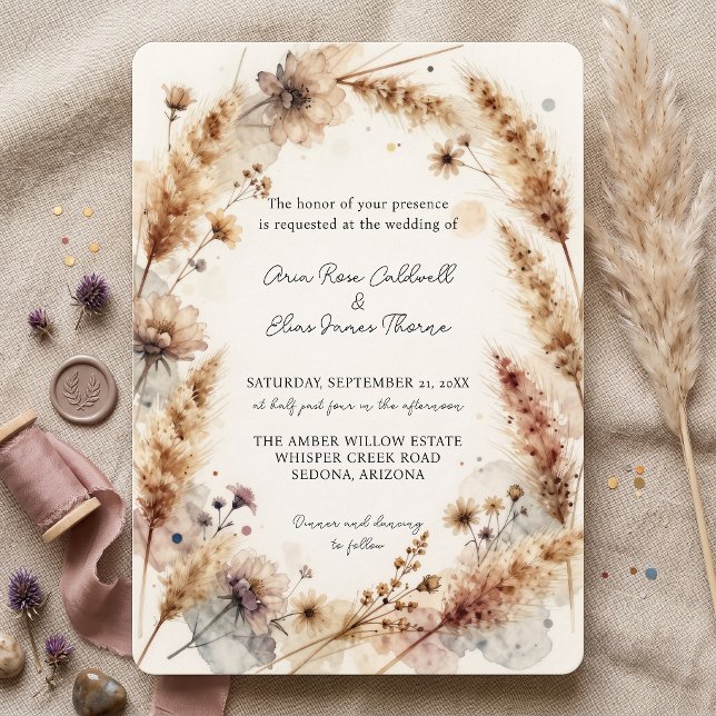 Convites Casamento Boho Deserto de Grama da Pampas de Terra (Criador carregado)