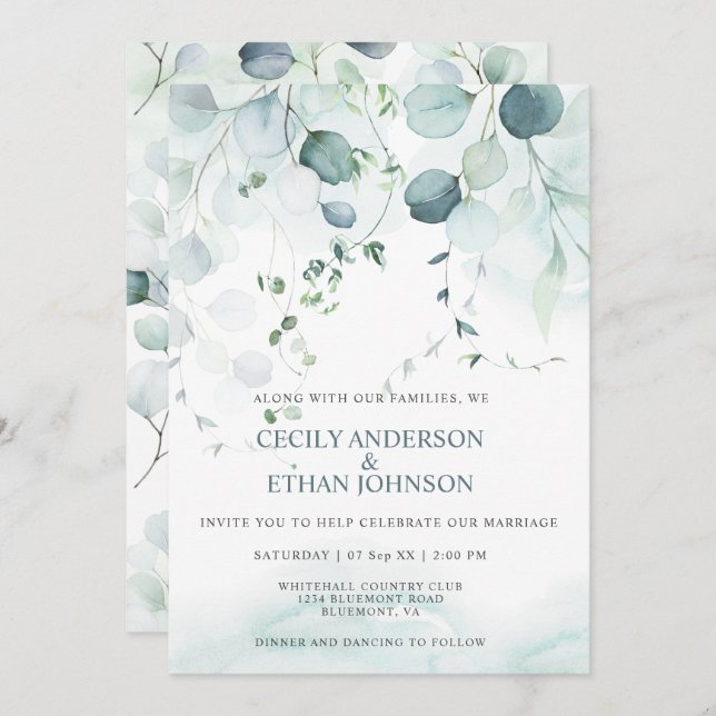 Convites Casamento Boho Dusty Blue & Sage Green Eucalyptus (Frente/Verso)