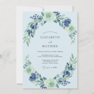 Convites Casamento Boho em Azul Claro com Folhas
