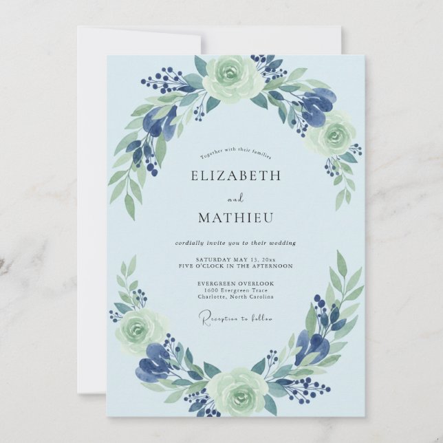 Convites Casamento Boho em Azul Claro com Folhas (Frente)