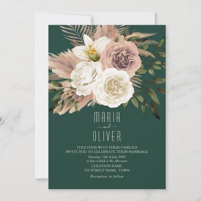 Convites Casamento Boho em Pêssego e Verde Esmeralda (Frente)