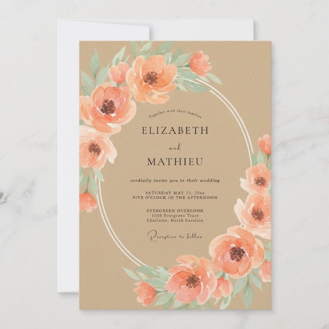 Convites Casamento Boho Encantador de Pêssego (Frente)