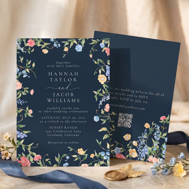Convites Casamento Boho Flor Silvestre Azul Marinho Código  (Criador carregado)