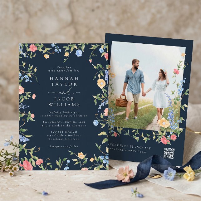 Convites Casamento Boho Flor Silvestre Azul Marinho Código  (Criador carregado)
