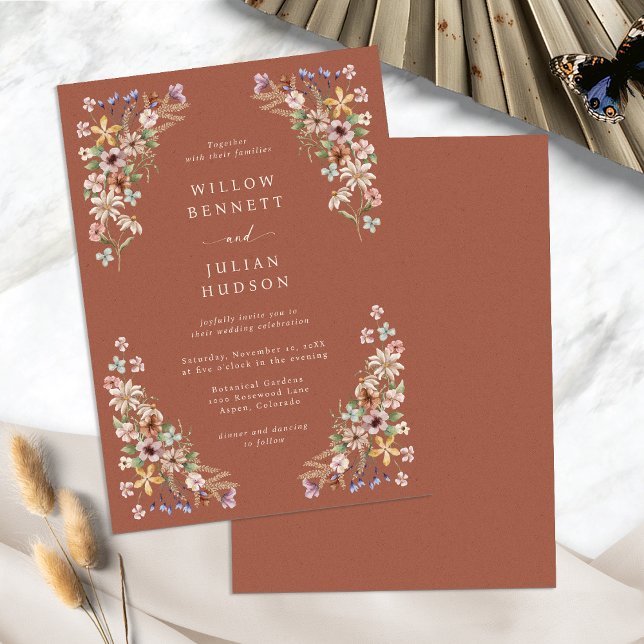 Convites Casamento Boho Flor Silvestre Terracota (Terracotta Wildflower Boho Wedding Invitation by Painted Paperie
)