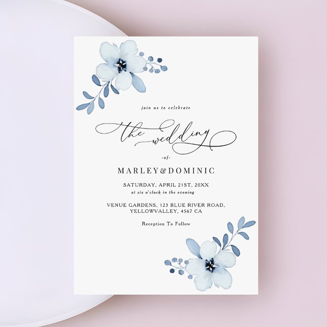 Convites Casamento Boho Floral Azul Po Minimalista (Criador carregado)