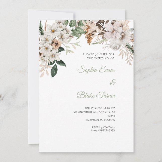 Convites Casamento Boho Floral Branco de Inverno Branco (Frente)