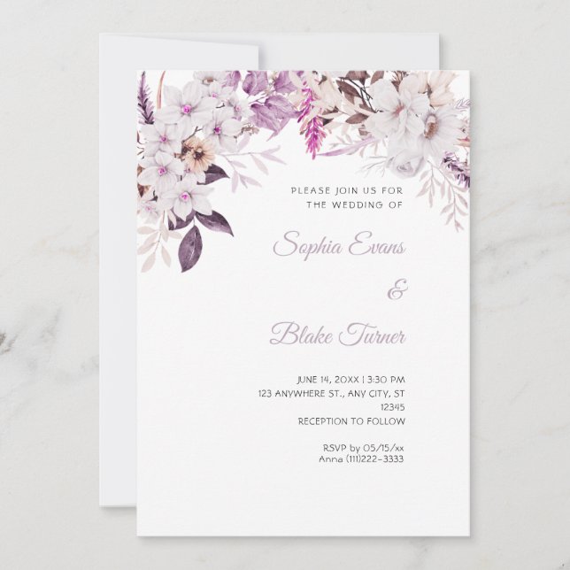 Convites Casamento Boho Floral Branco de Inverno Branco (Frente)