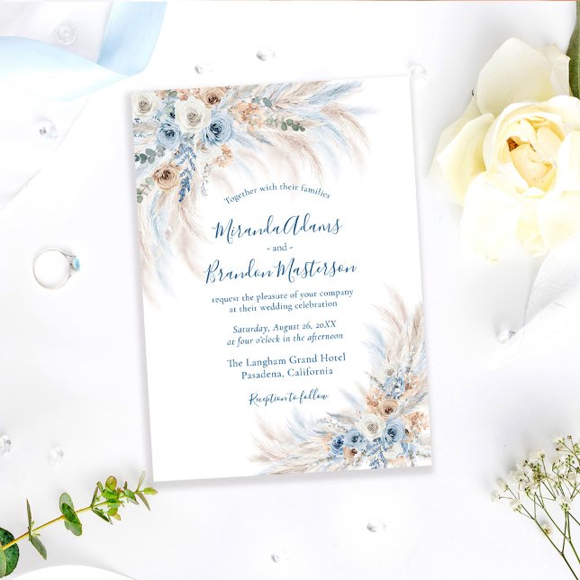 Convites Casamento Boho Floral Caligrafia Azul Romântico (Criador carregado)