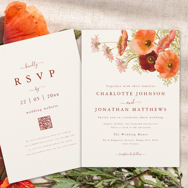 Convites Casamento Boho Floral de Outono (Elegant floral bouquet fall wedding invitation with burnt orange script and qr code)