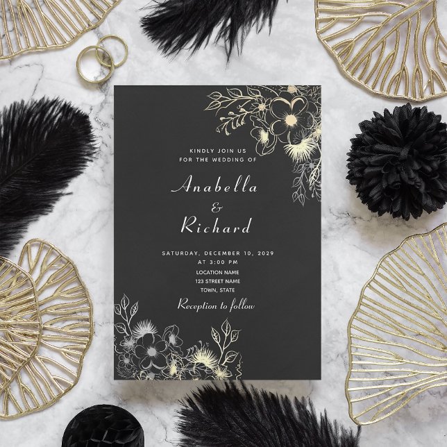 Convites Casamento Boho Floral Dourado Preto e Branco (Criador carregado)