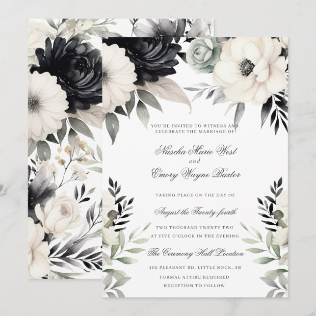 Convites Casamento Boho Floral Escuro Preto Creme (Frente/Verso)