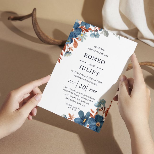 Convites Casamento Boho Floral Terracota Azul Marinho (Criador carregado)