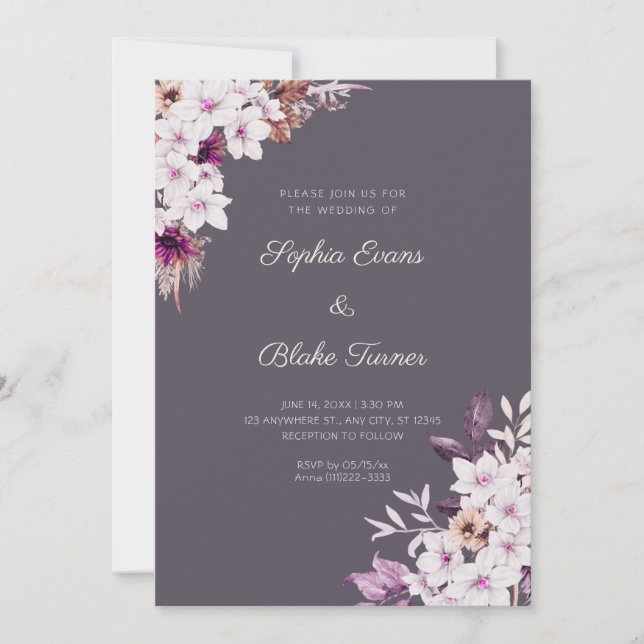 Convites Casamento Boho Flores Rosa Branco Rústico Cinza Fu (Frente)