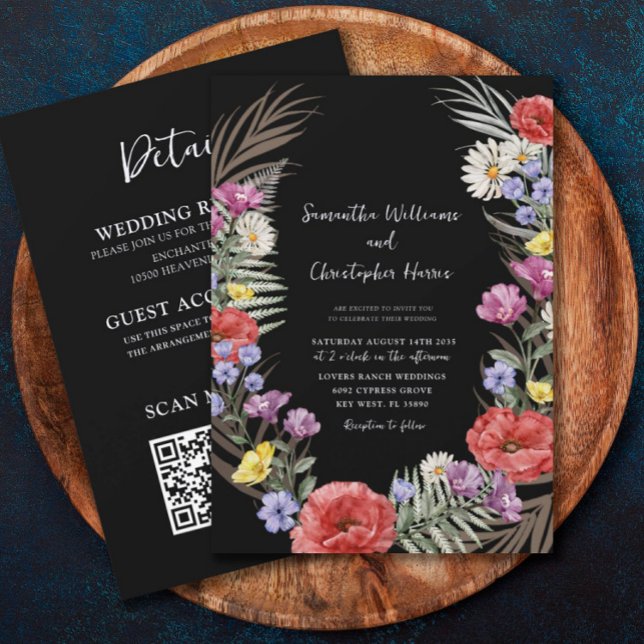 Convites Casamento Boho Flores Selvagens Preto Tudo Em Um (Criador carregado)