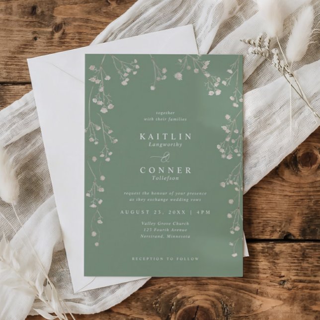 Convites Casamento Boho Flores Silvestres com Cravo Verde e (Sage green wedding invite with watercolor baby’s breath and botanical monogram wreath)