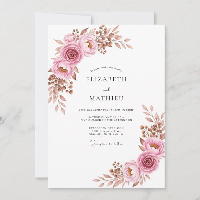 Convites Casamento Boho Gracioso Rosa Empoeirada (Frente)