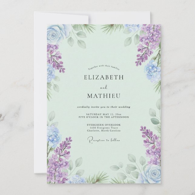 Convites Casamento Boho Hortelã Violeta Wisteria (Frente)