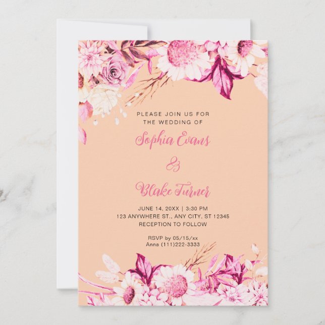 Convites Casamento Boho Laranja com Flores Rosas e Brancas (Frente)