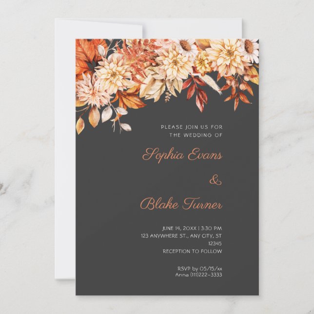 Convites Casamento Boho Laranja Floral Inverno Pedra Cinza (Frente)