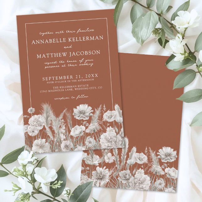 Convites Casamento Boho Laranja Queimado de Flores Silvestr (Wildflower Boho Burnt Orange Wedding Invitation )