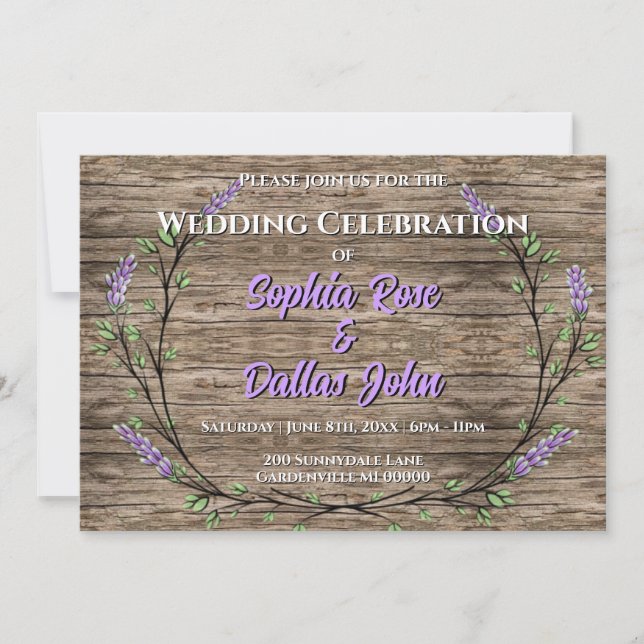 Convites Casamento boho lavanda rústico elegante   (Frente)